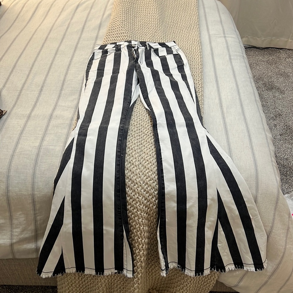 Black & White Stripe Bell Bottom Jeans